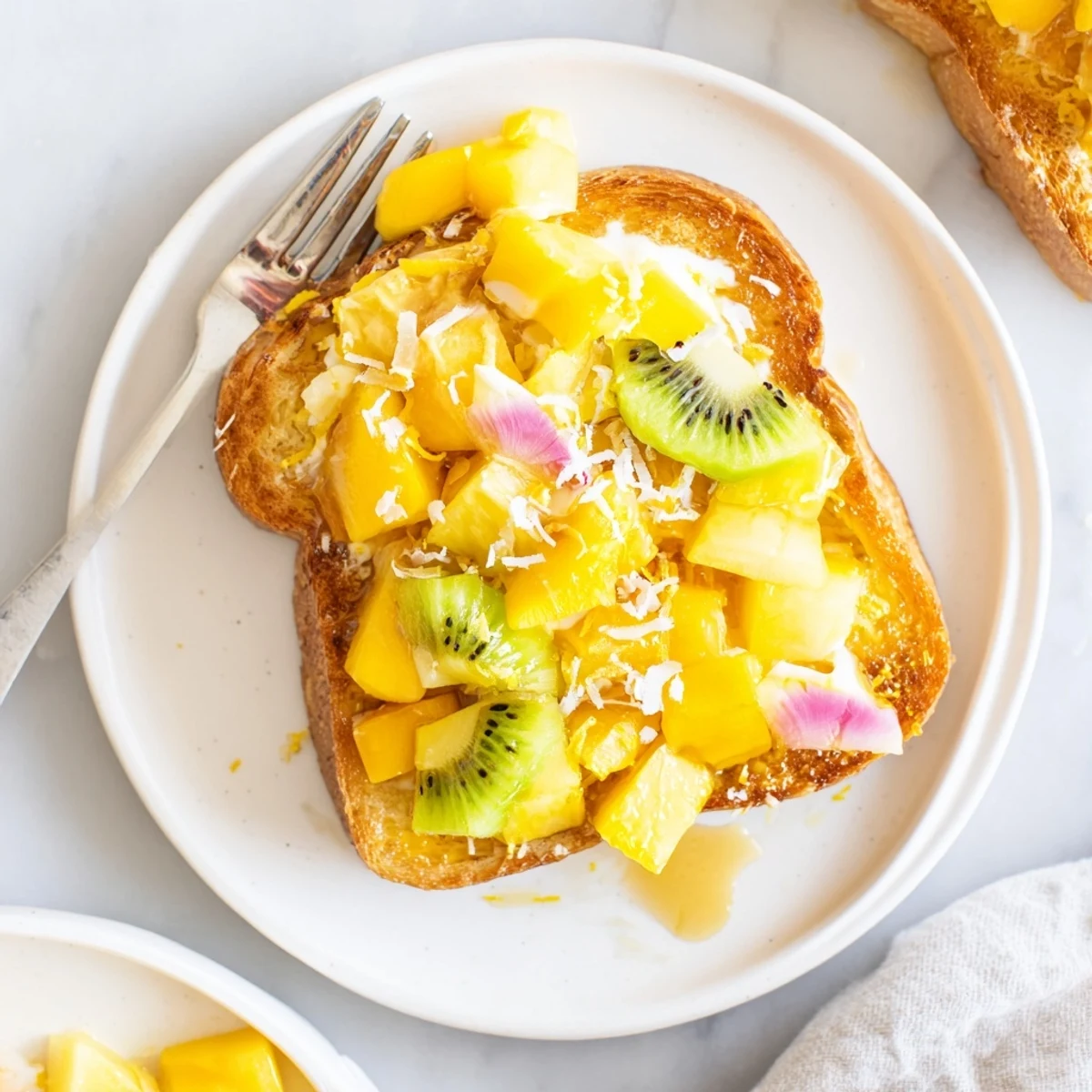 Deliciously golden Yogurt-Custard Toast 2.0 with coconut yogurt and colorful fruit toppings.  