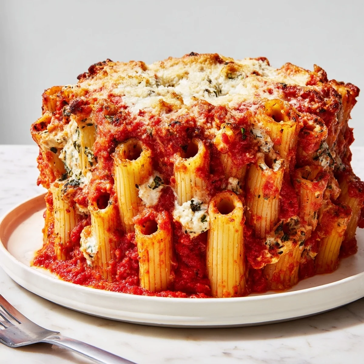 Delicious Honeycomb Pasta Cake layered with ricotta, mozzarella, and rich tomato sauce.  