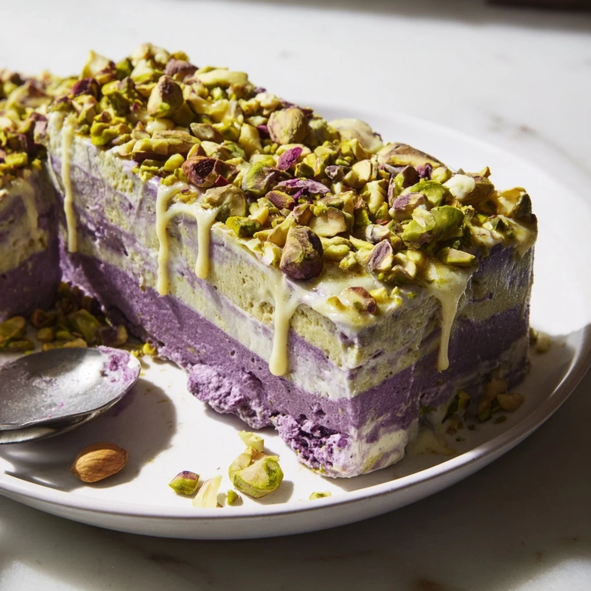 Deliciously layered ube and pistachio ice cream bars, ideal for gatherings.  