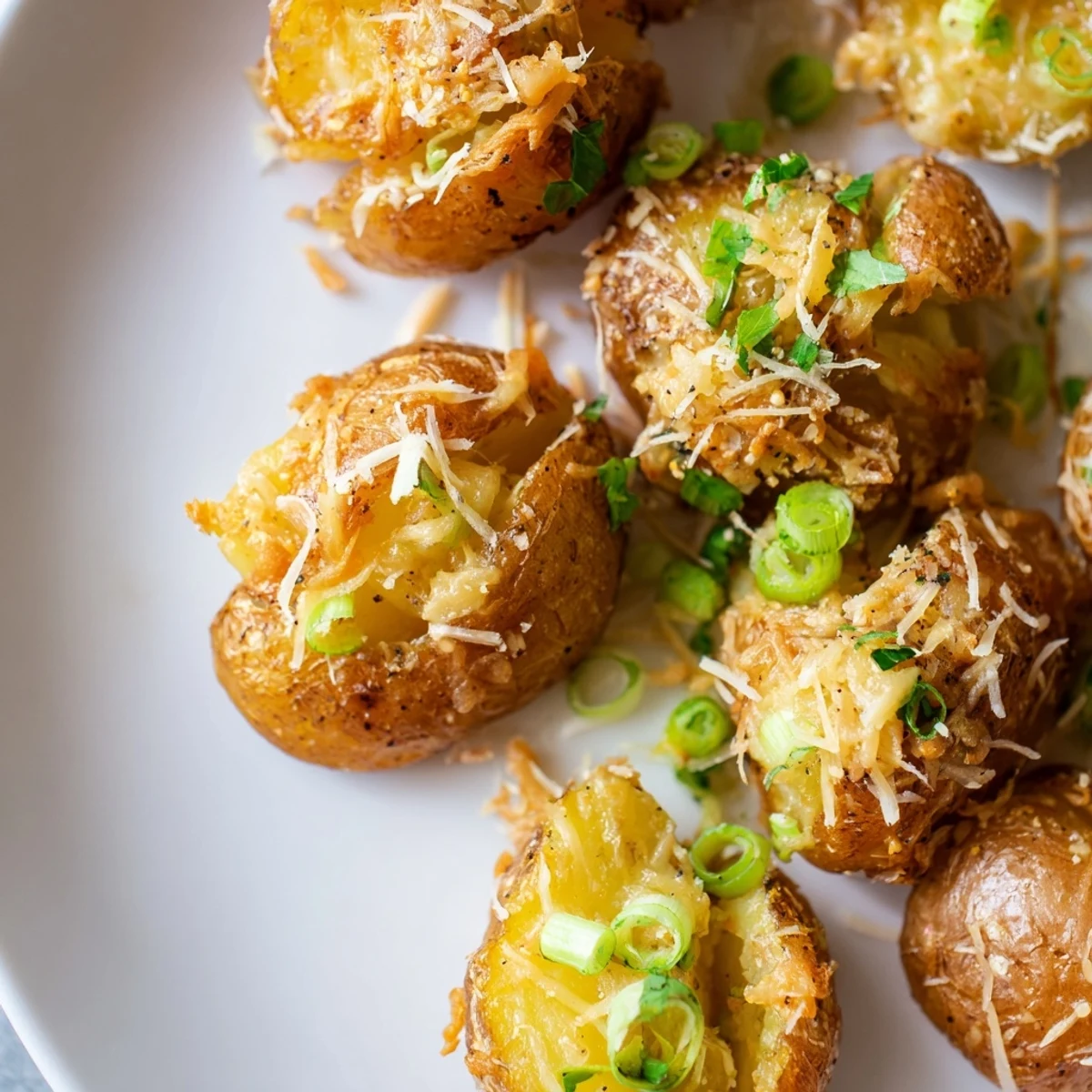 Crispy smashed green onion potato bombs topped with melted cheddar and fresh herbs.  