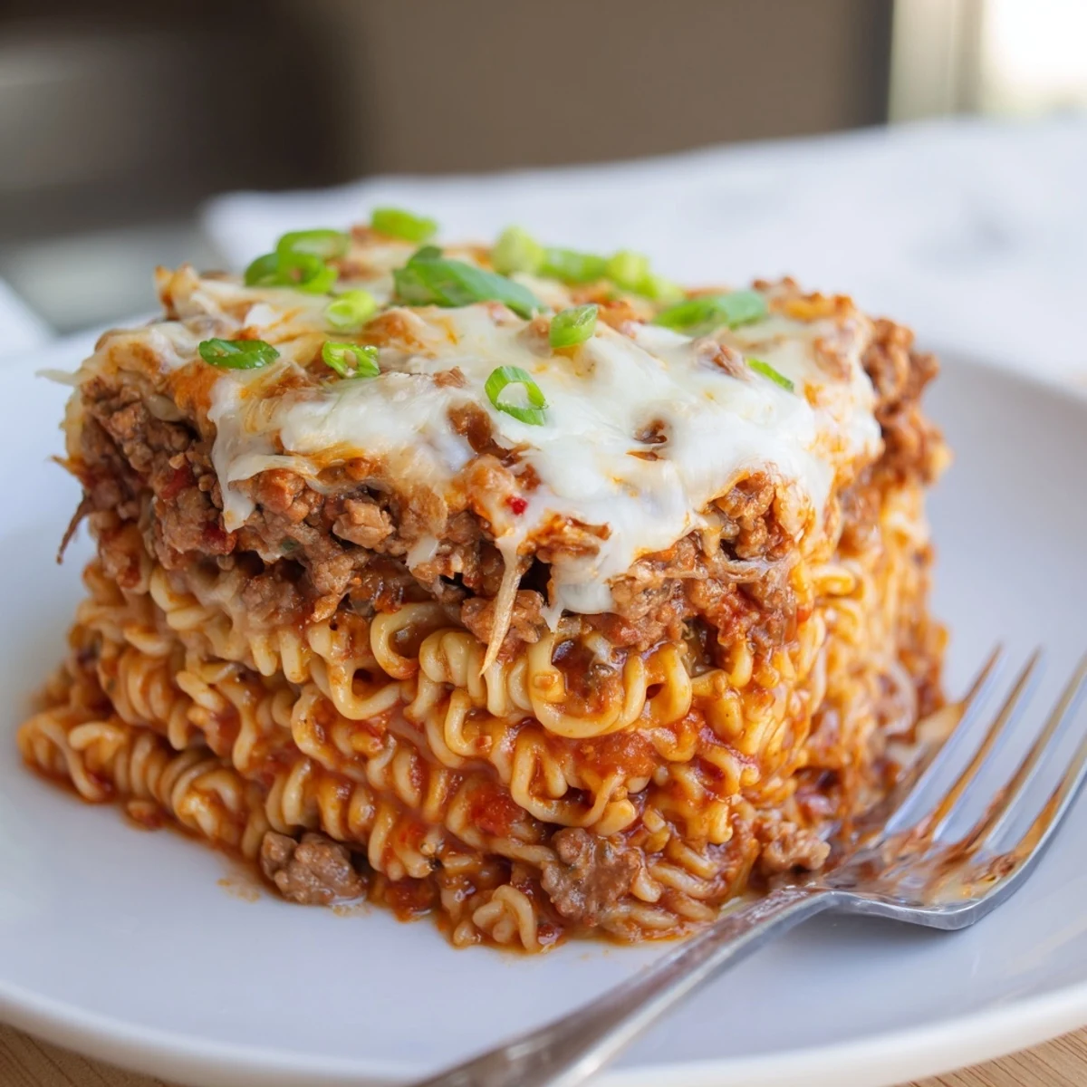 Delicious Spicy Ramen Lasagna with layers of cheese, pork, and vibrant flavors.  