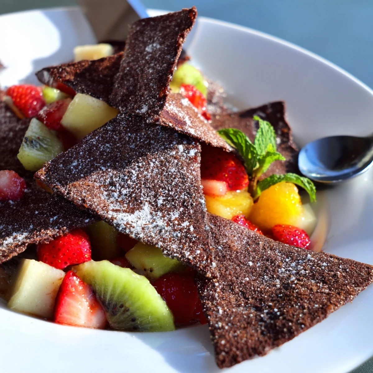 Crispy homemade chocolate tortilla chips paired with refreshing fruit salsa for dessert.  