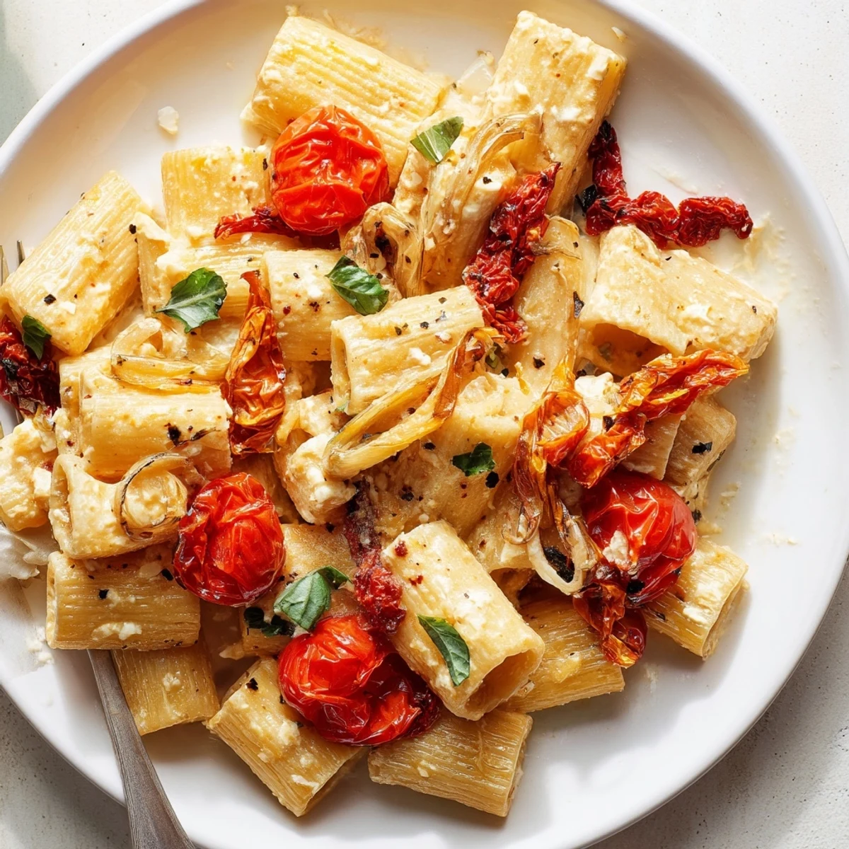 Creamy Baked Feta Pasta topped with caramelized onions and sun-dried tomatoes.  