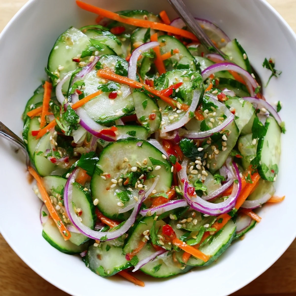 Refreshing cucumber salad remix drizzled with tangy sesame dressing and vibrant veggies.  