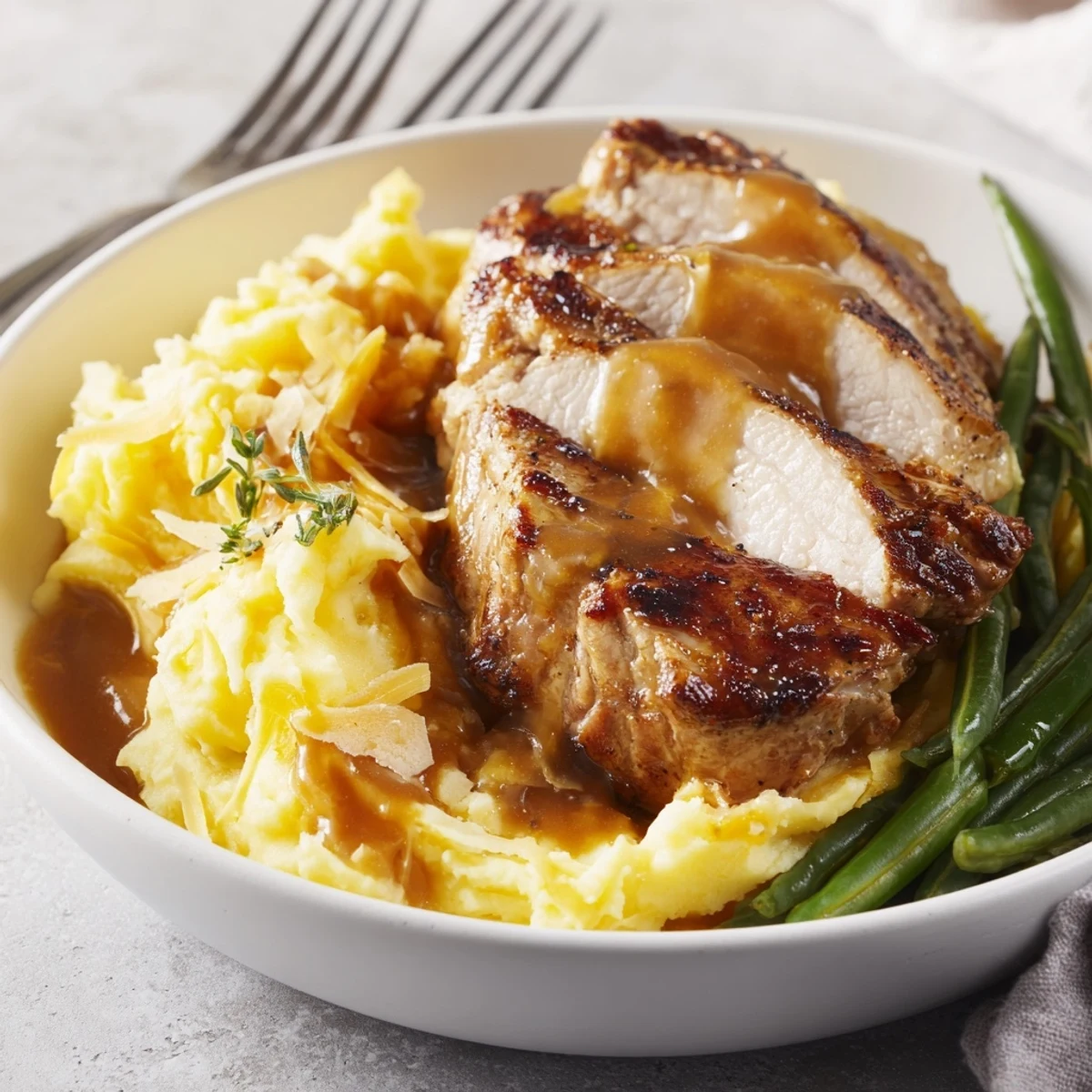 Juicy pork chops crowned with creamy cheddar mashed potatoes and savory gravy.  