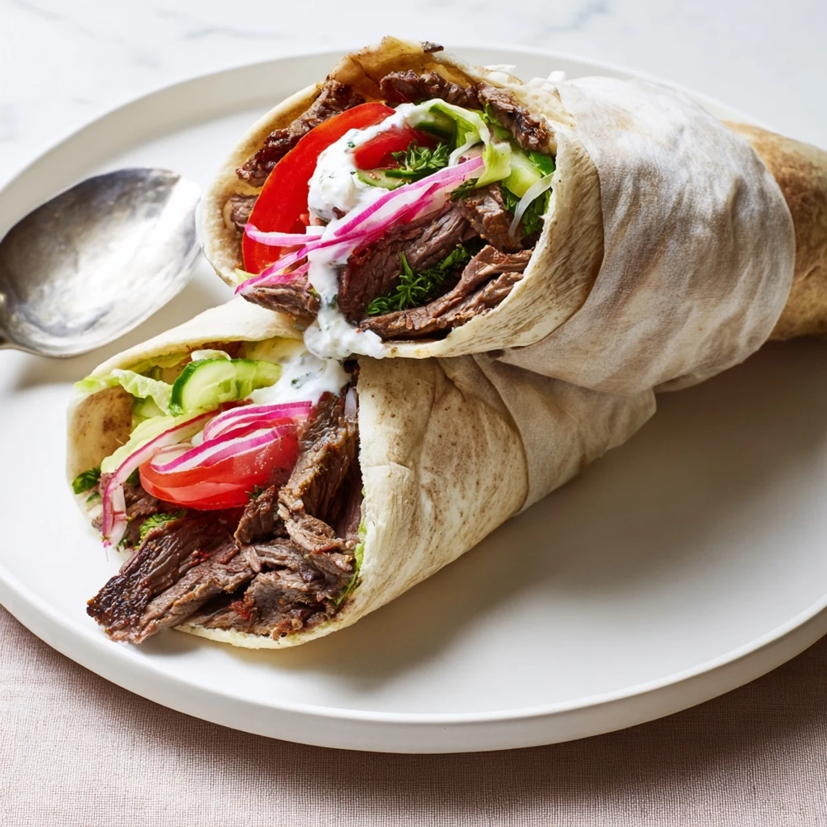 Juicy beef shawarma served in flatbread, topped with fresh cucumber and tomatoes.