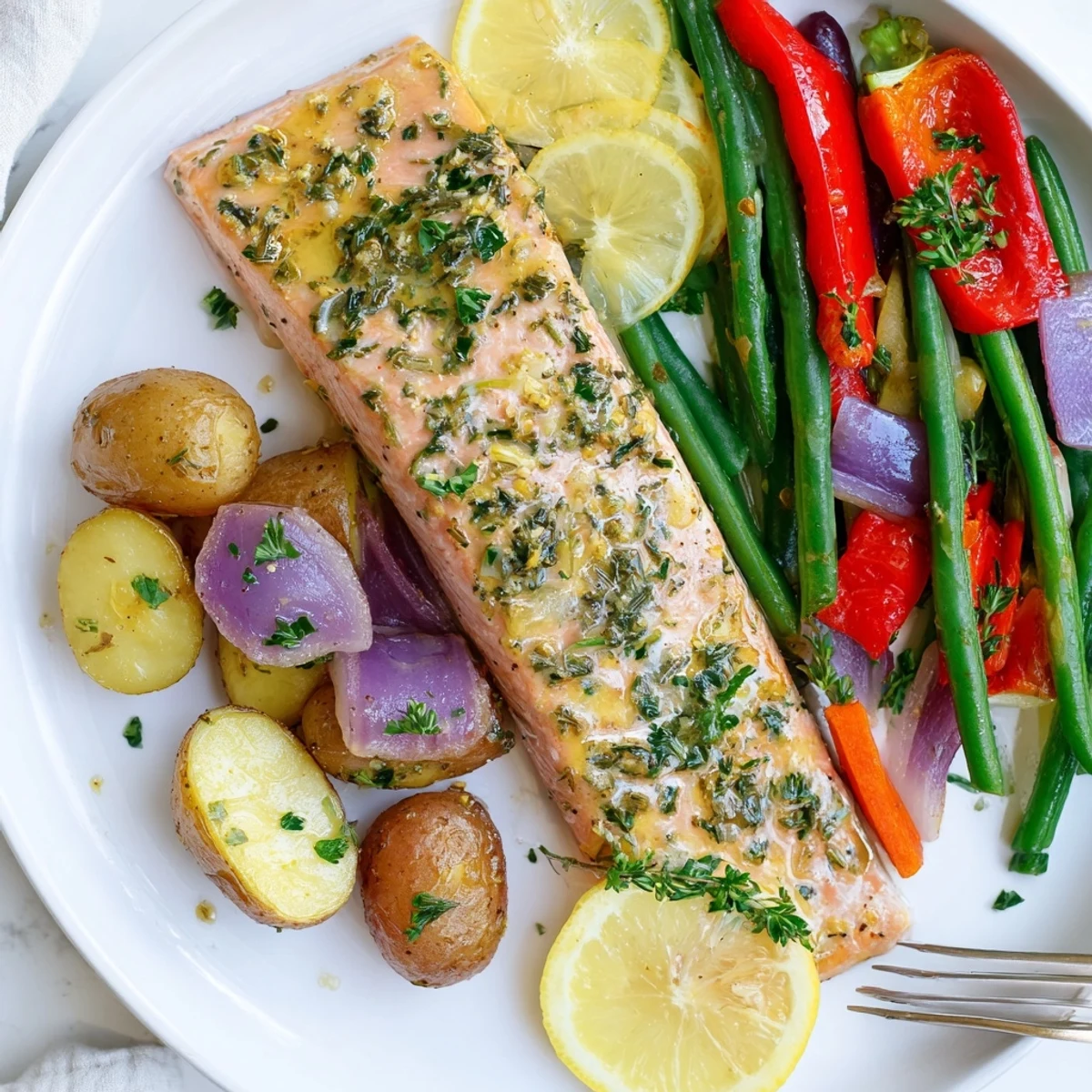 Crispy Lemon Herb Salmon & Potato Sheet Pan, bursting with zesty flavors and veggies.  