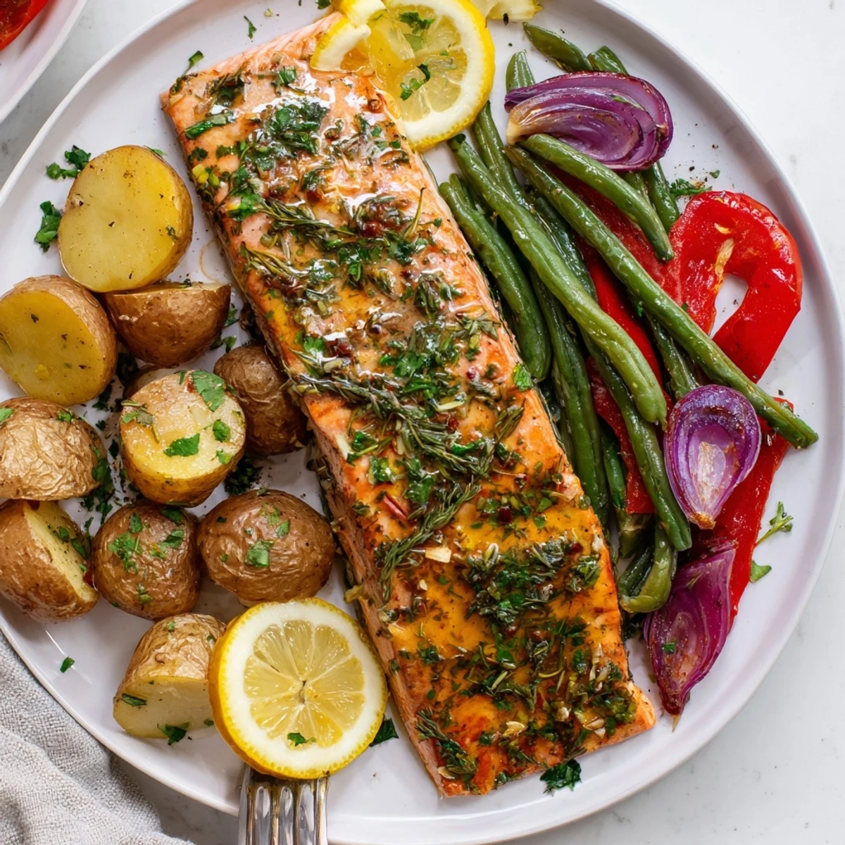 Savory Lemon Herb Salmon & Potato Sheet Pan, served with fresh herbs and lemon wedges.