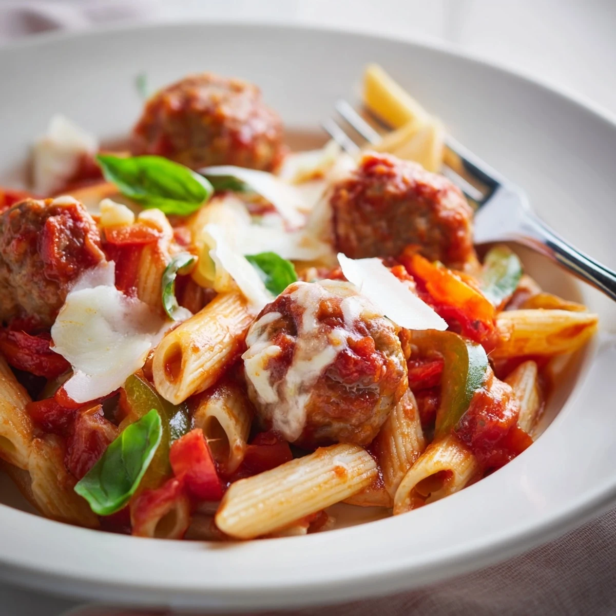 Sizzling Italian Meatball Pasta Skillet with rich tomato sauce and delicious melted mozzarella.