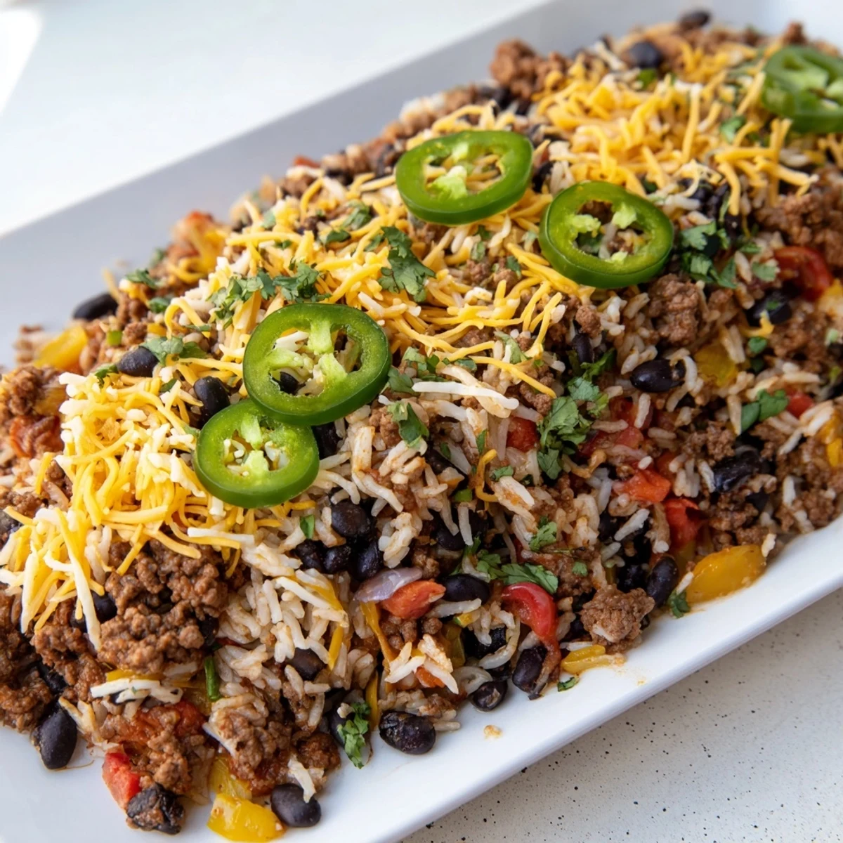 Tex-Mex Beef & Rice Casserole bubbling hot, topped with melted cheese, ready to serve and enjoy.