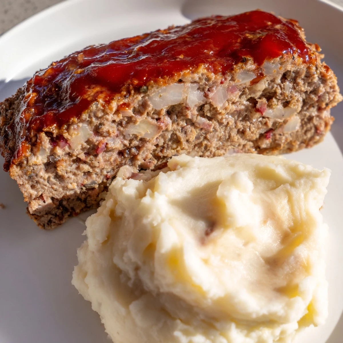 Juicy Classic Meatloaf & Mashed Potatoes, steaming with a rich ketchup glaze and fluffy mashed potatoes.