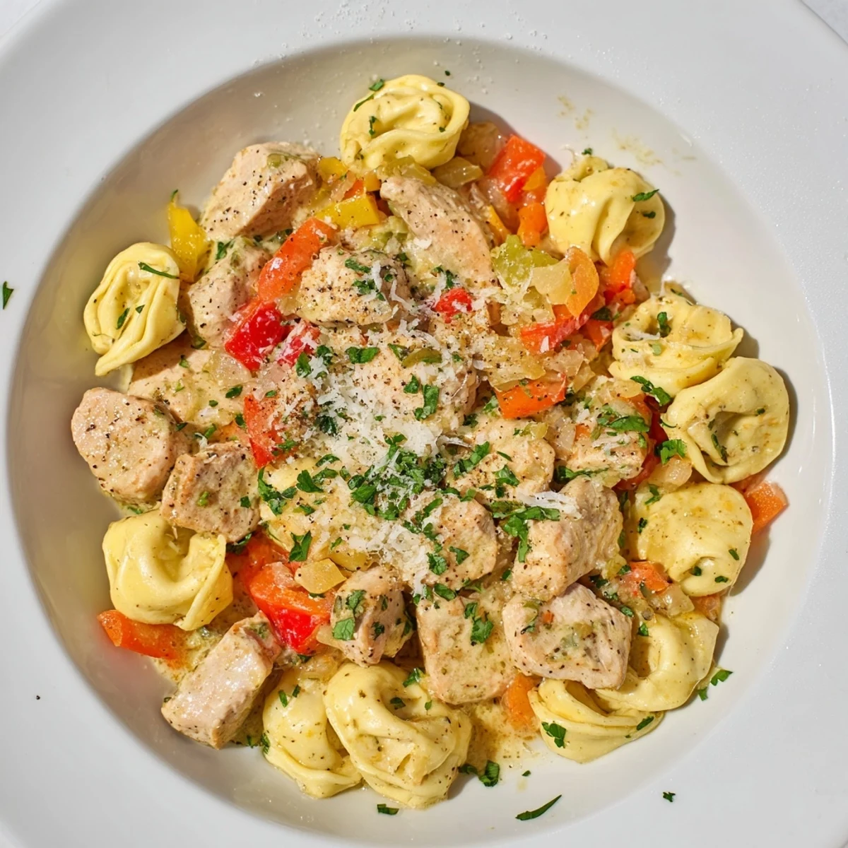 Golden-brown Zesty Cajun Garlic Parmesan Chicken Tortellini smothered in a rich, creamy, cheesy sauce.