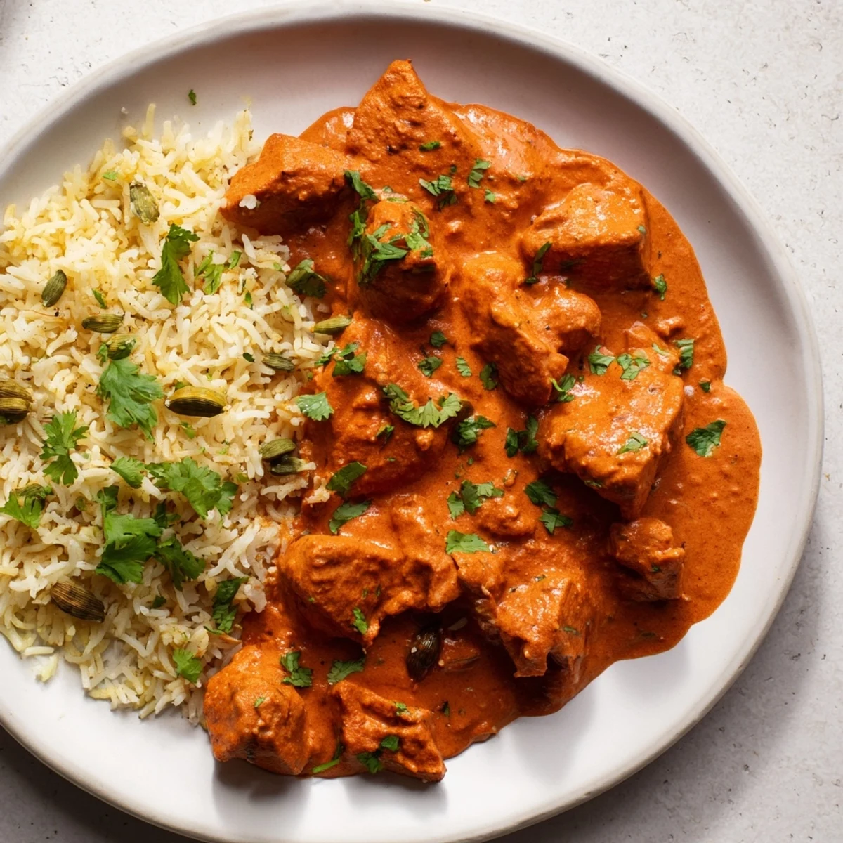Butter Chicken & Rice Pilaf, rich tomato sauce coats tender chicken, perfect with fragrant, fluffy pilaf rice.