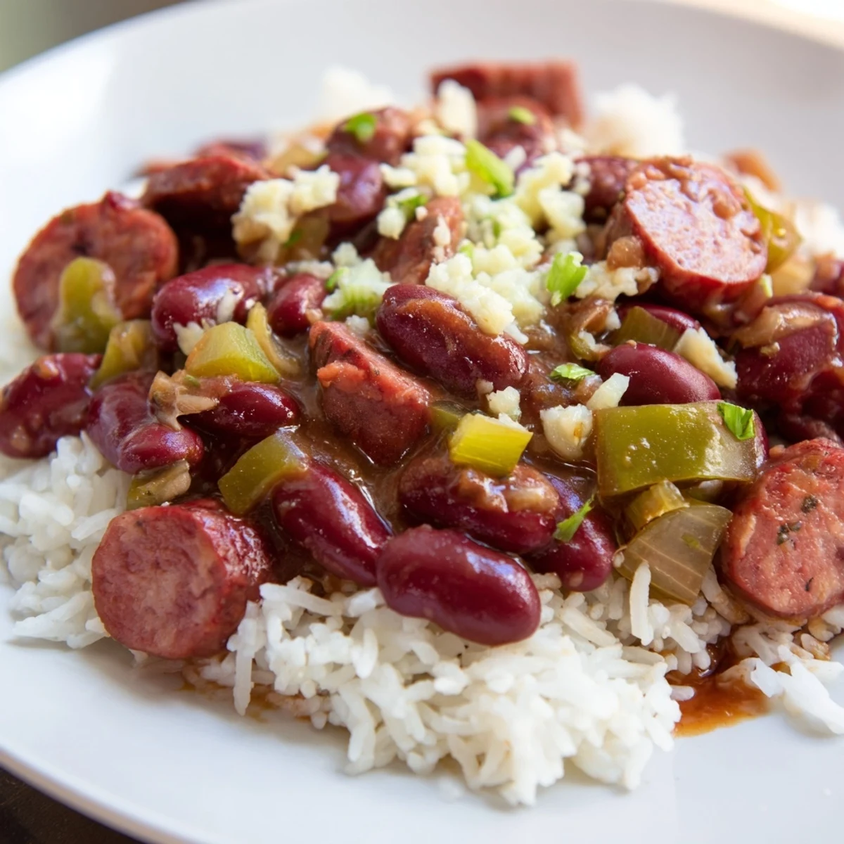 Close-up shot shows a comforting plate of creamy Red Beans & Rice, a Southern favorite.