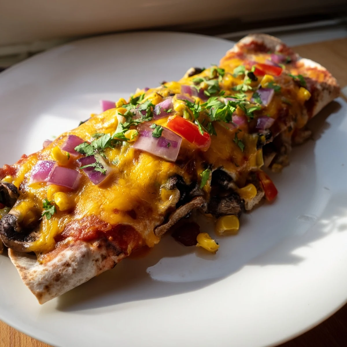 Steaming Farmers Market Vegetarian Enchiladas, filled with colorful vegetables and melted cheese, ready to enjoy.