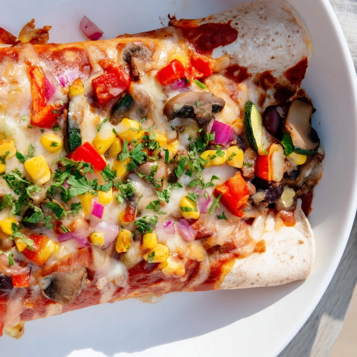 A close-up shot of baked Farmers Market Vegetarian Enchiladas, bubbling with flavorful homemade sauce and cheese.