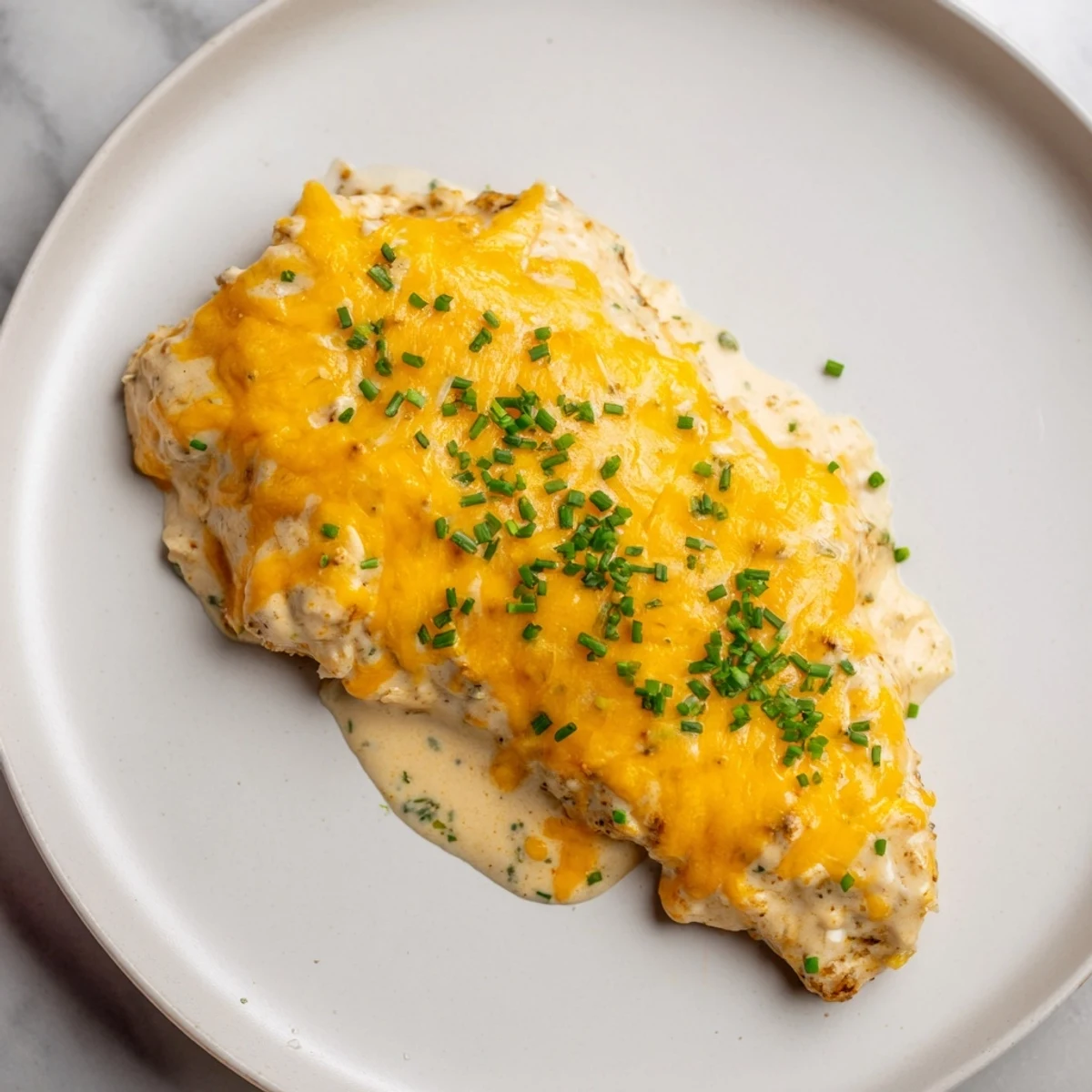 Golden, bubbly cheddar cheese topping a creamy Cheddar Ranch Chicken Bake ready to serve.