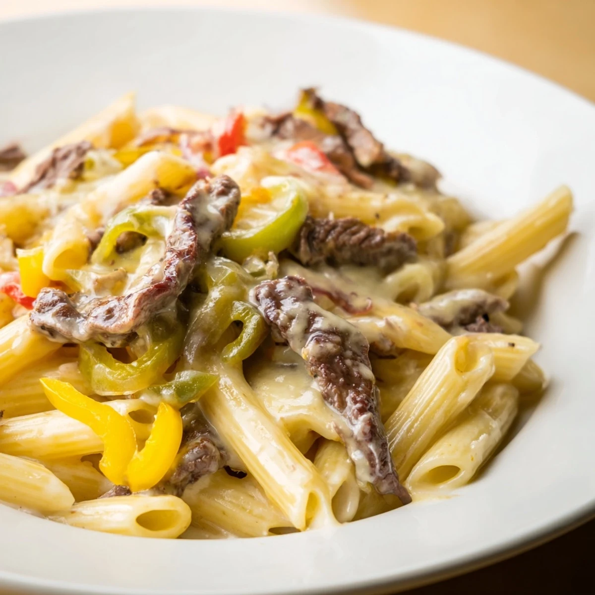 A close-up of creamy Philly Cheese Steak Pasta, loaded with savory beef, peppers, and melted cheese.