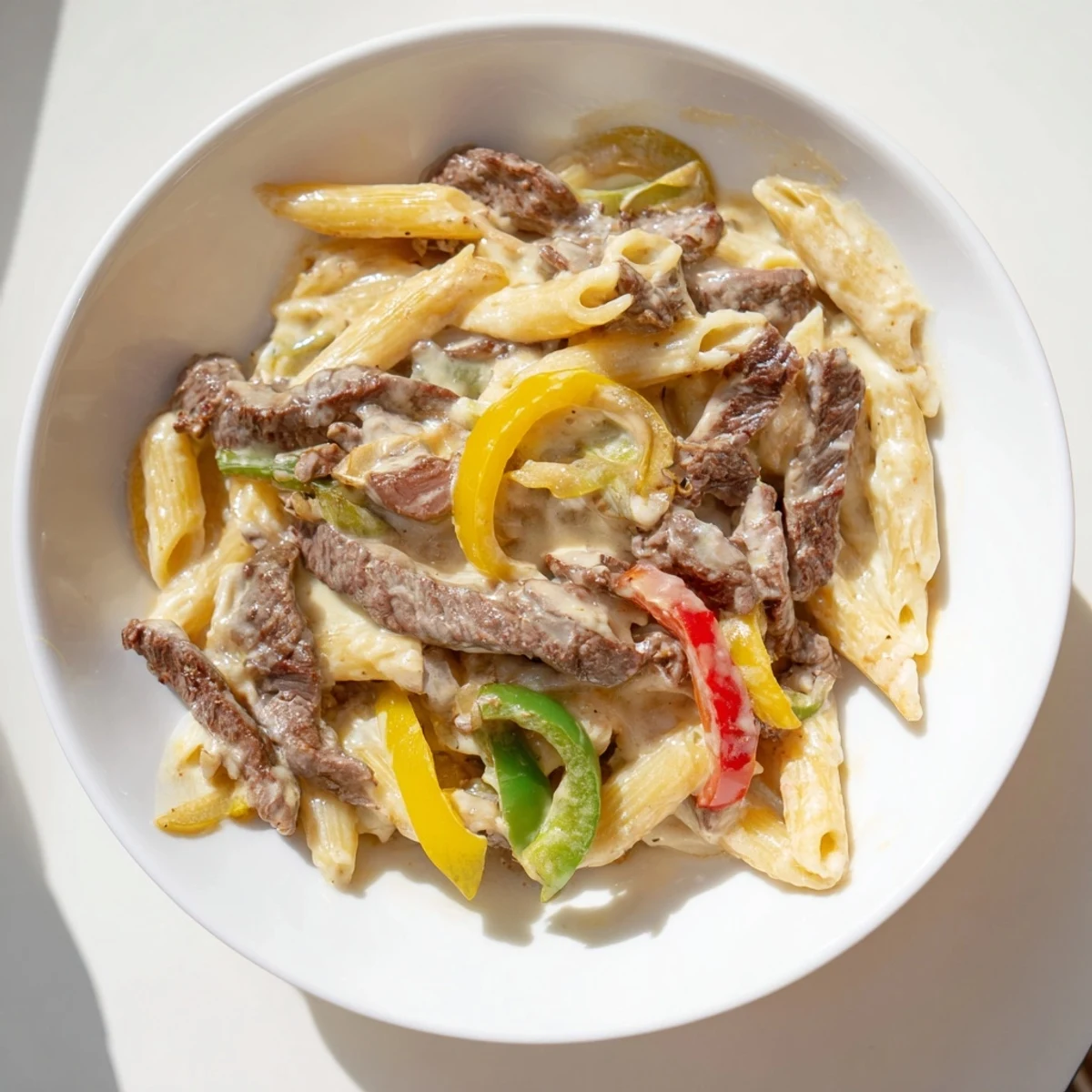 Tempting shot of Philly Cheese Steak Pasta – pasta with steak, peppers, and onions in a cheesy sauce.