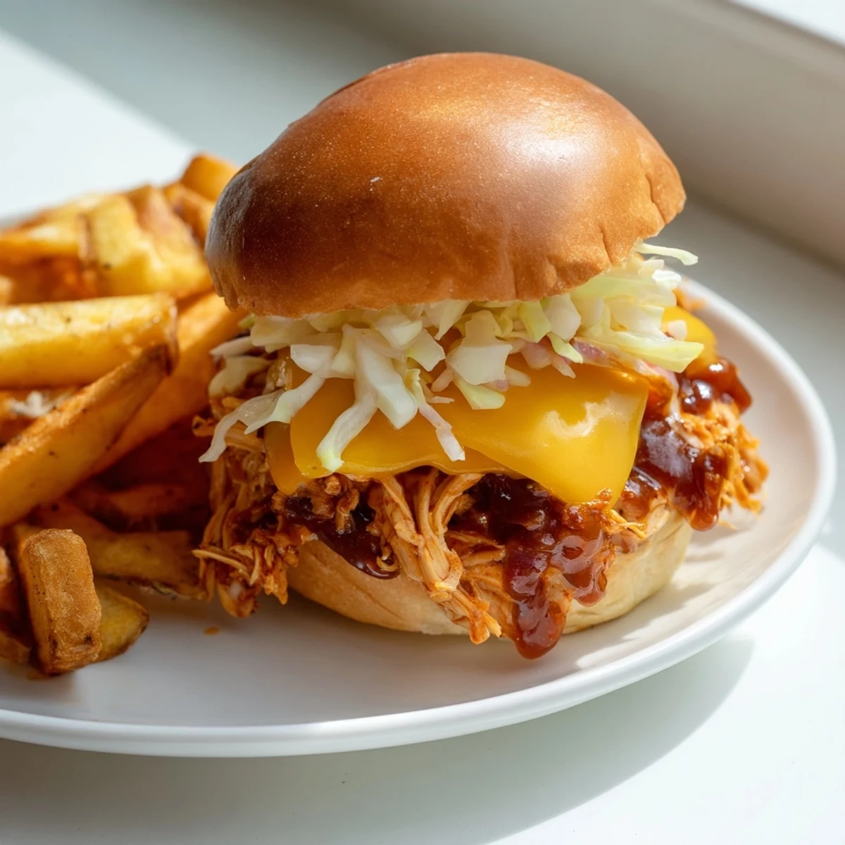 Golden, crispy fries beside juicy BBQ Chicken Sliders on soft toasted buns, a delicious meal.
