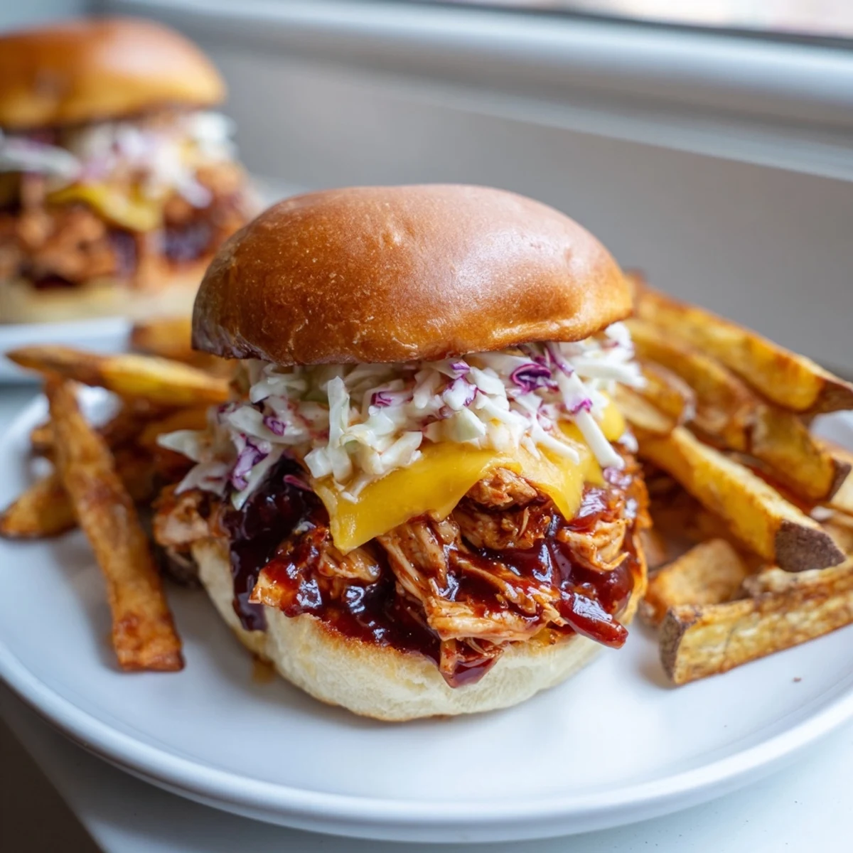 Melted cheddar tops tender BBQ Chicken Sliders, ready to serve with golden, seasoned fries.
