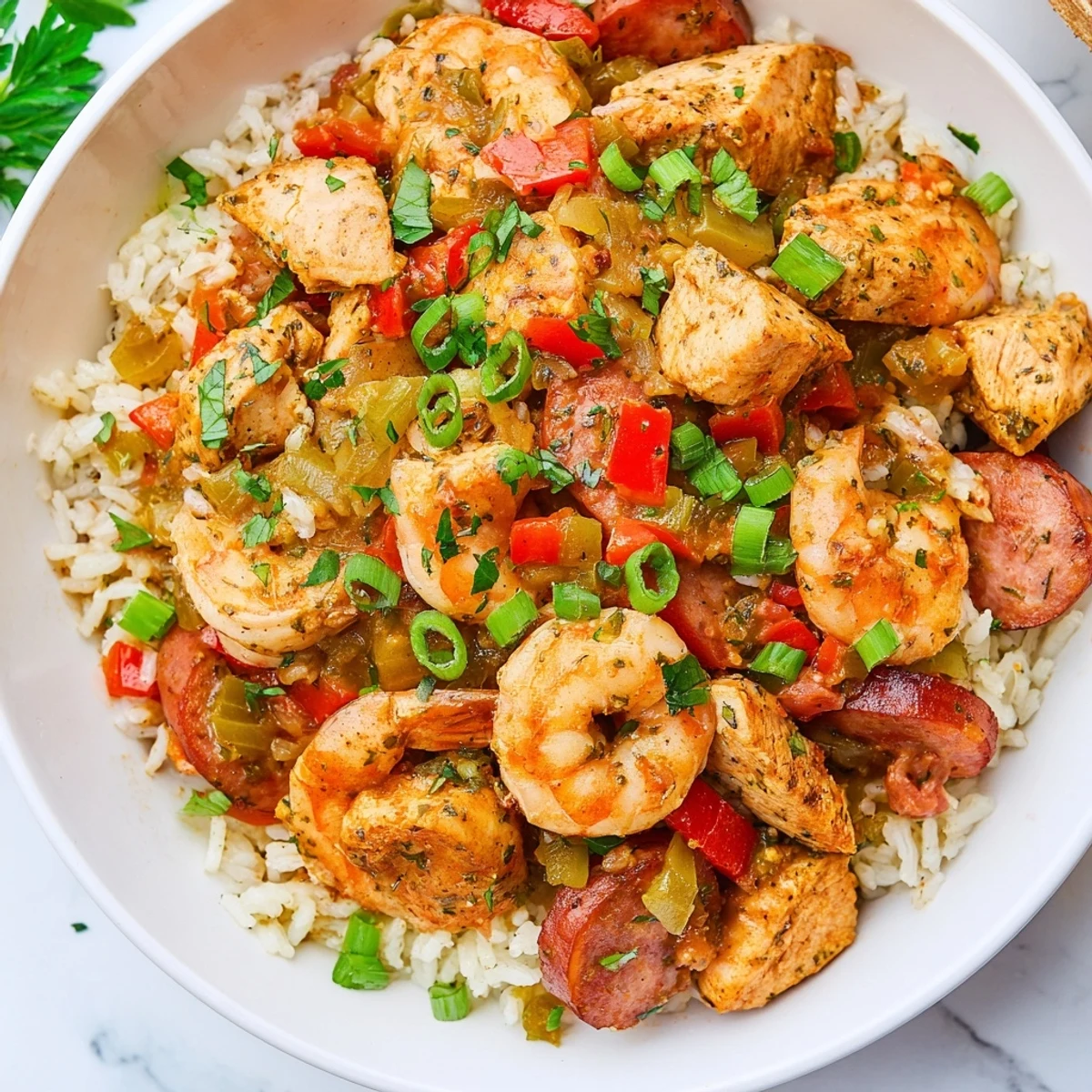 Savory Cajun Jambalaya Rice Bowl with shrimp, chicken, and sausage, a colorful and aromatic meal.