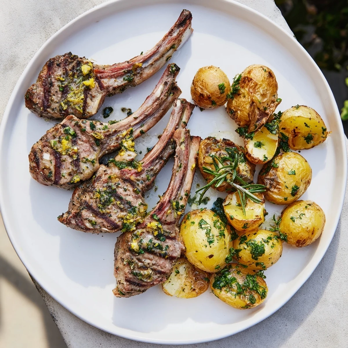 Juicy herbed lamb chops with crispy roasted potatoes, ready for a delicious dinner plate.