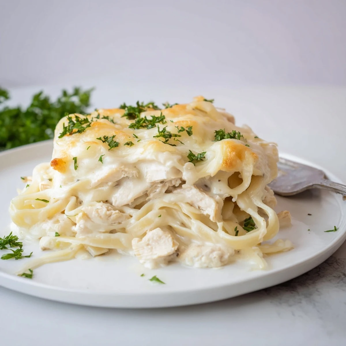 Golden-brown bubbly Chicken Fettuccine Alfredo Bake, featuring creamy sauce and melted cheesy topping.