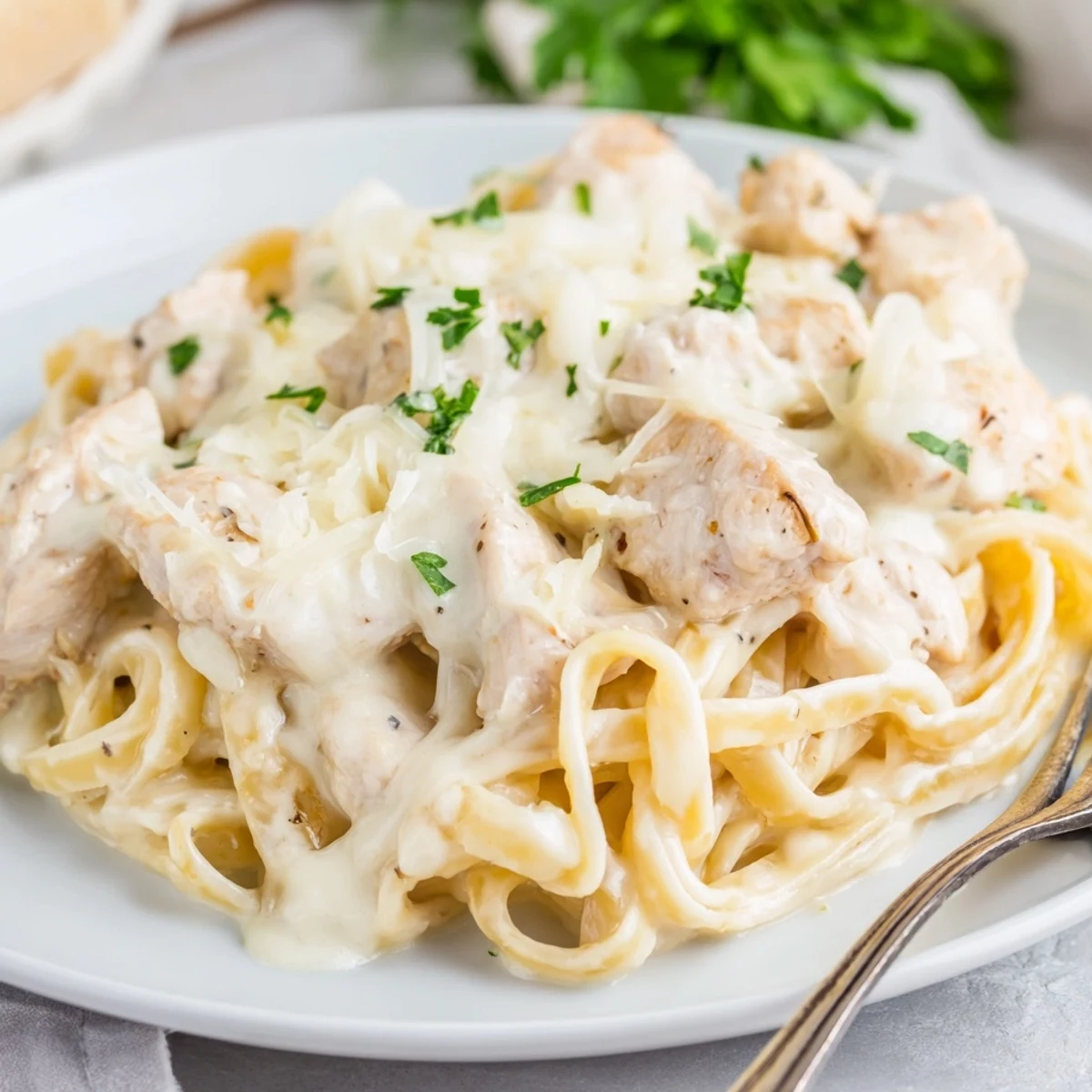 A delightful casserole image shows the baked Chicken Fettuccine Alfredo, hot from the oven bubbling.