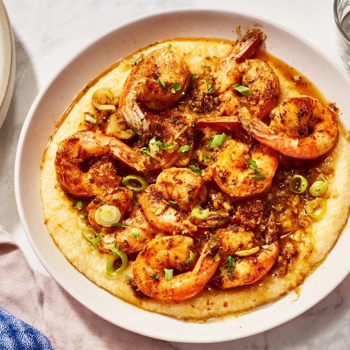 Delicious Southern Shrimp & Grits; a close-up of the flavorful, cheesy grits with plump shrimp.
