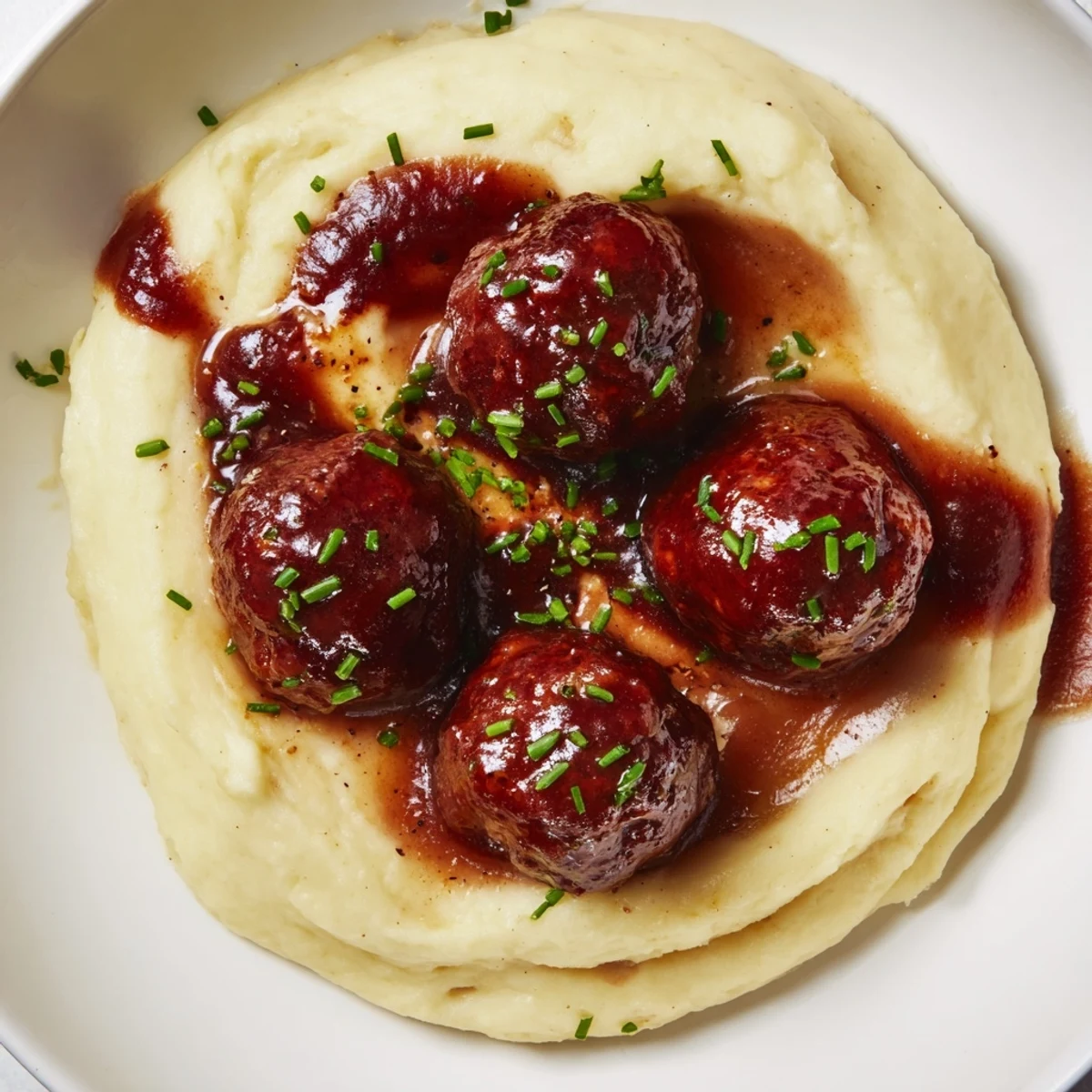 BBQ Meatballs & Mashed Potatoes: Tender, glistening meatballs swimming in BBQ sauce atop creamy mashed potatoes.