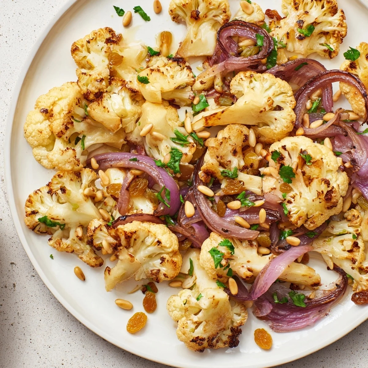 Golden-roasted Warm Cauliflower & Lemon Pine-Nut Dressing Salad, ready to serve with bright flavors.