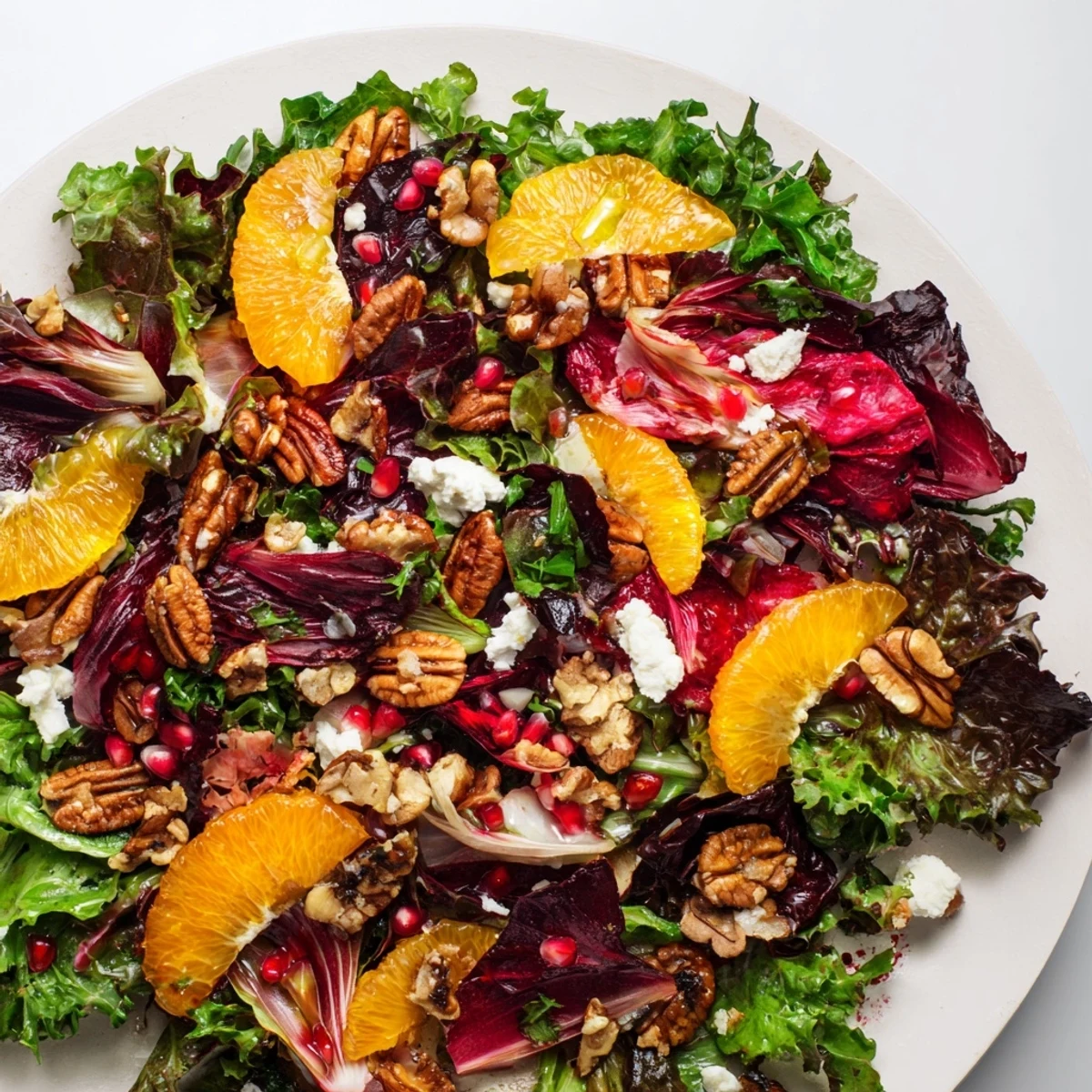 This Winter Greens Salad recipe showcases a luscious mix of greens, oranges, and pomegranate; garnished with nuts.