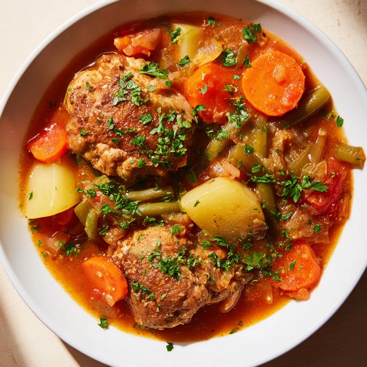 A warm bowl of Slow-Cooker Chicken & Vegetable Stew, perfect for a cozy, comforting dinner.