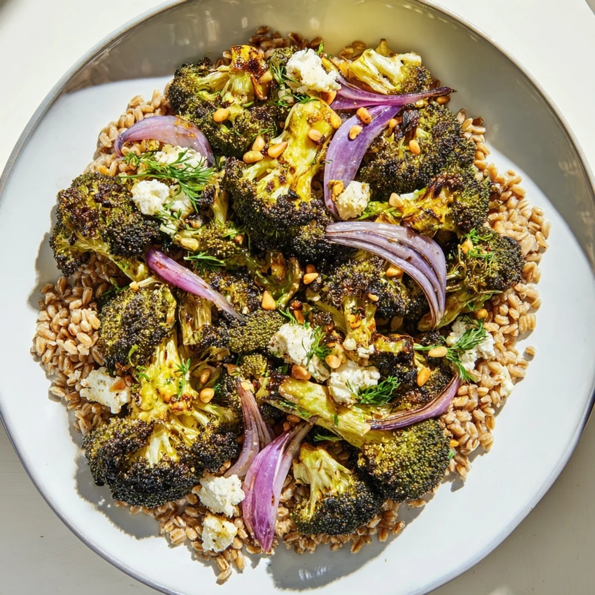 Golden roasted broccoli with farro, brightened by zesty garlic-lemon dressing, a complete meal.