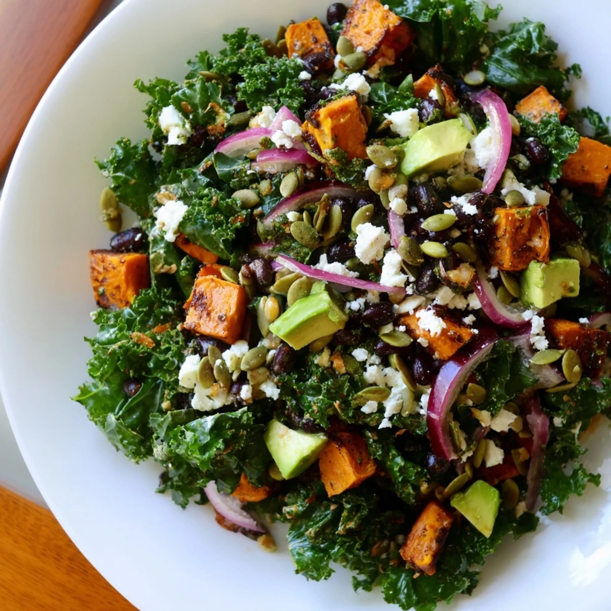 Massaged kale salad with sweet potato and beans, tossed with bright lime dressing and pepitas.