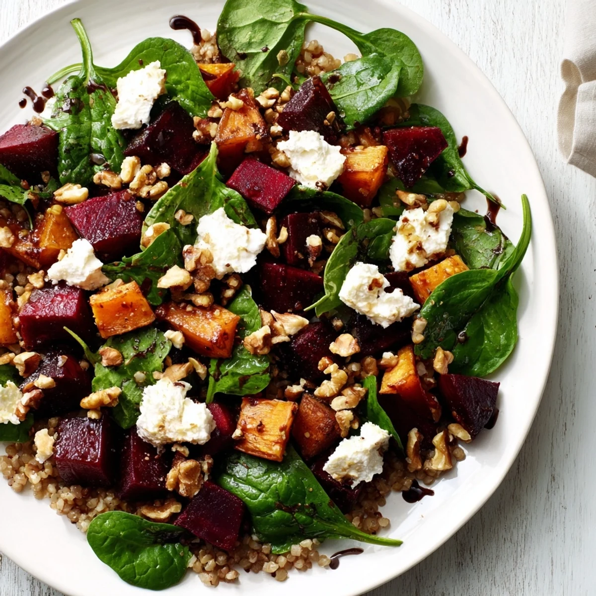 Warm, colorful Roasted Beet, Butternut & Spinach Salad, drizzled with tangy balsamic vinaigrette for dinner.