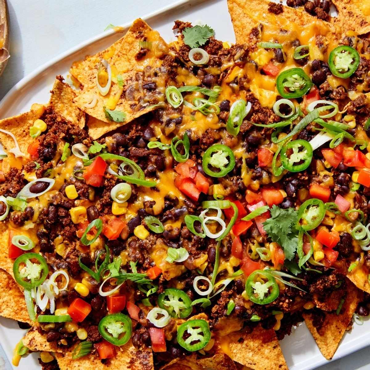 Golden, melted cheese blankets sheet-pan nachos with beans, a colorful and easy vegetarian dinner idea.
