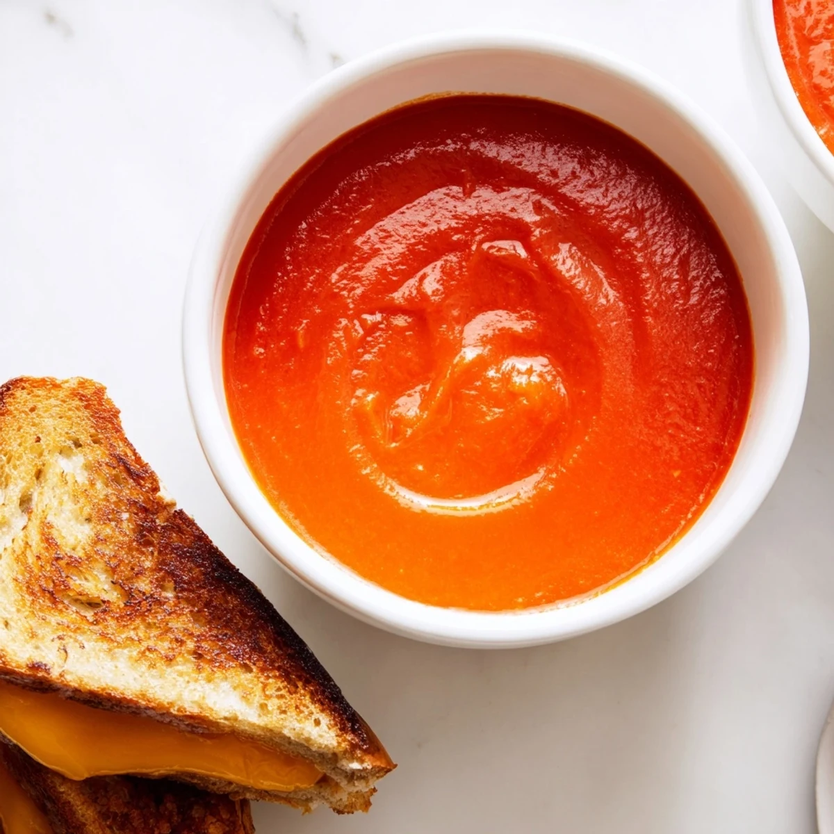 Steaming bowl of 5-Ingredient Tomato Soup beside golden, cheesy grilled cheese ready for dunking.