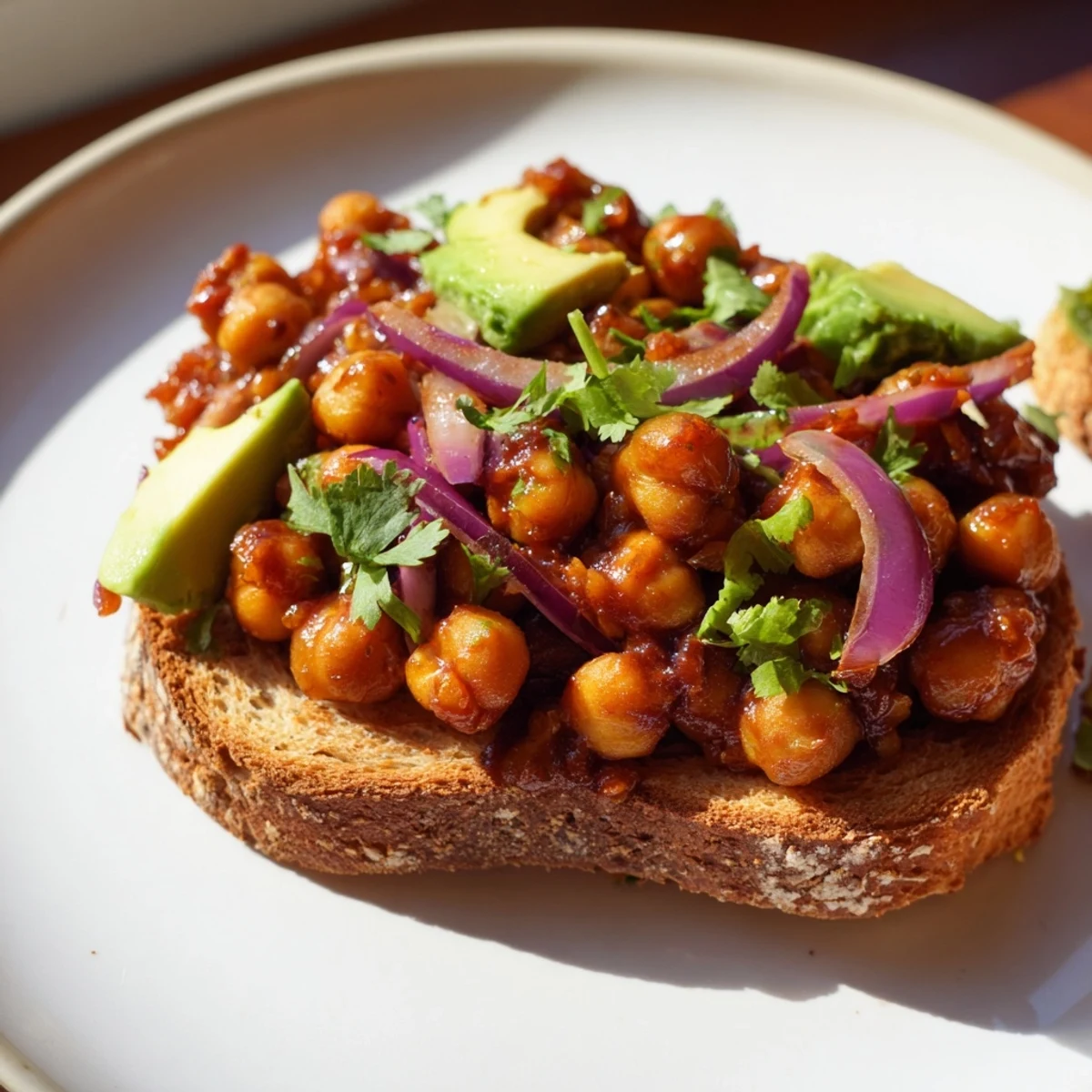 A close-up of flavorful BBQ Chickpeas topping crispy toast, garnished with fresh herbs and red onion.