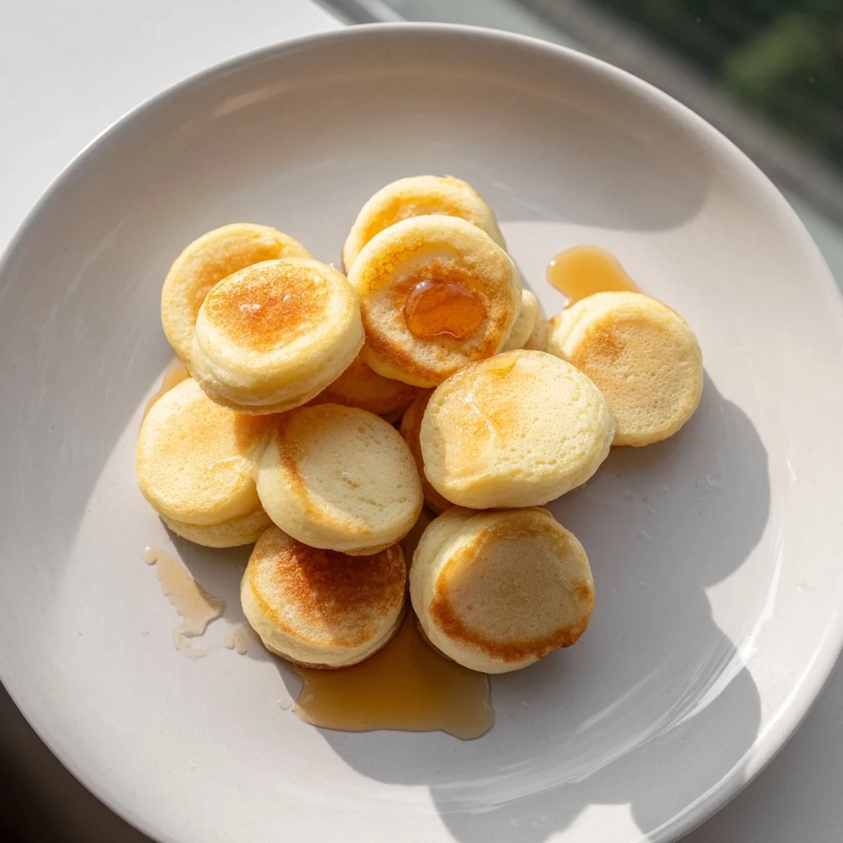 Tiny, fluffy pancake cereal, swimming in milk and ready for drizzling with maple syrup.