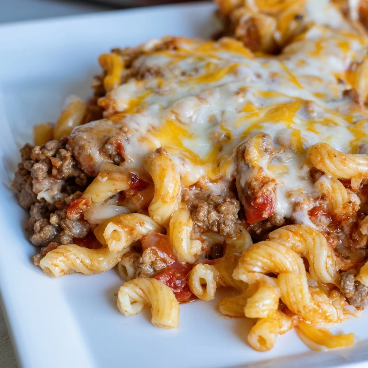 Golden brown melted cheese covers a delicious, hearty Hamburger Casserole, perfect for dinner.