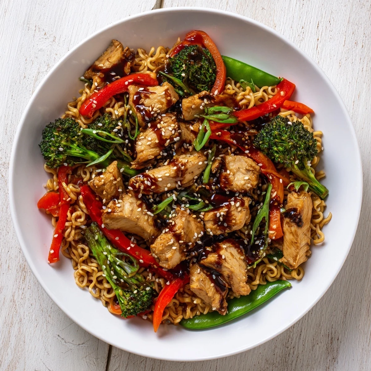 Golden and crispy sheet-pan ramen with chicken features roasted vegetables and savory sauce.