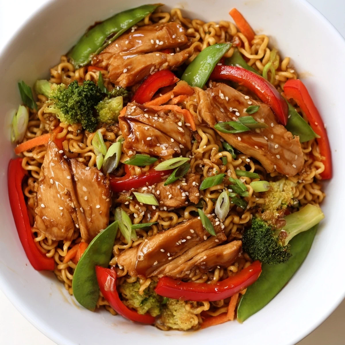 Close-up of sheet-pan crispy ramen showcasing perfectly golden noodles, chicken, and fresh garnishes.