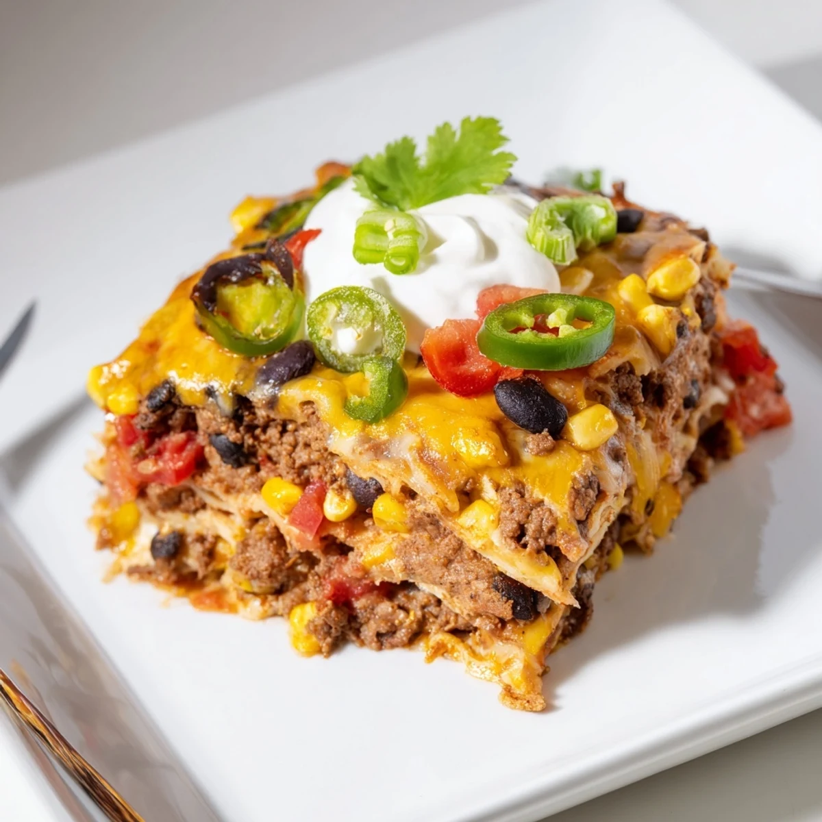 Golden, bubbly Taco Lasagna fresh from the oven, offering a delicious Tex-Mex dinner.