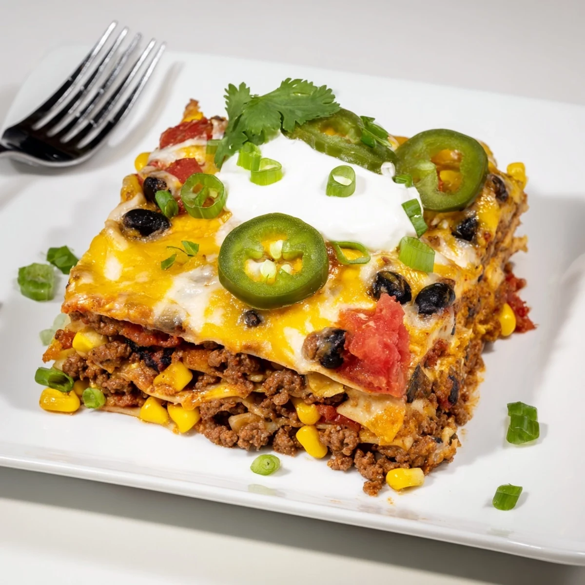 A flavorful cross-section shows the layered textures of the amazing Taco Lasagna, ready to serve.