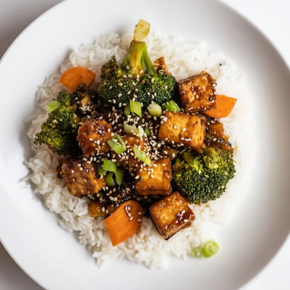 A vibrant bowlful showcasing sesame tofu & broccoli, the savory sauce glistening appetizingly with sesame seeds.