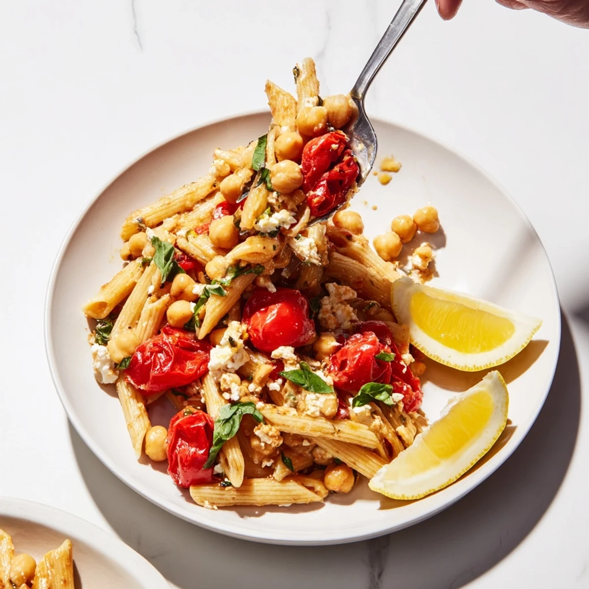 Golden, bubbly Baked Feta Chickpeas & Tomatoes swimming over pasta—a comforting, flavorful Mediterranean plate.