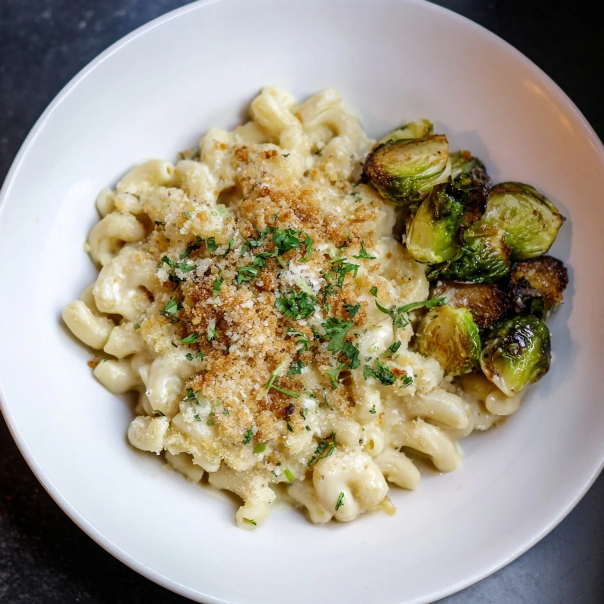 Sheet pan mac and cheese with Brussels sprouts, a cheesy, golden baked delight, ready to serve and enjoy.