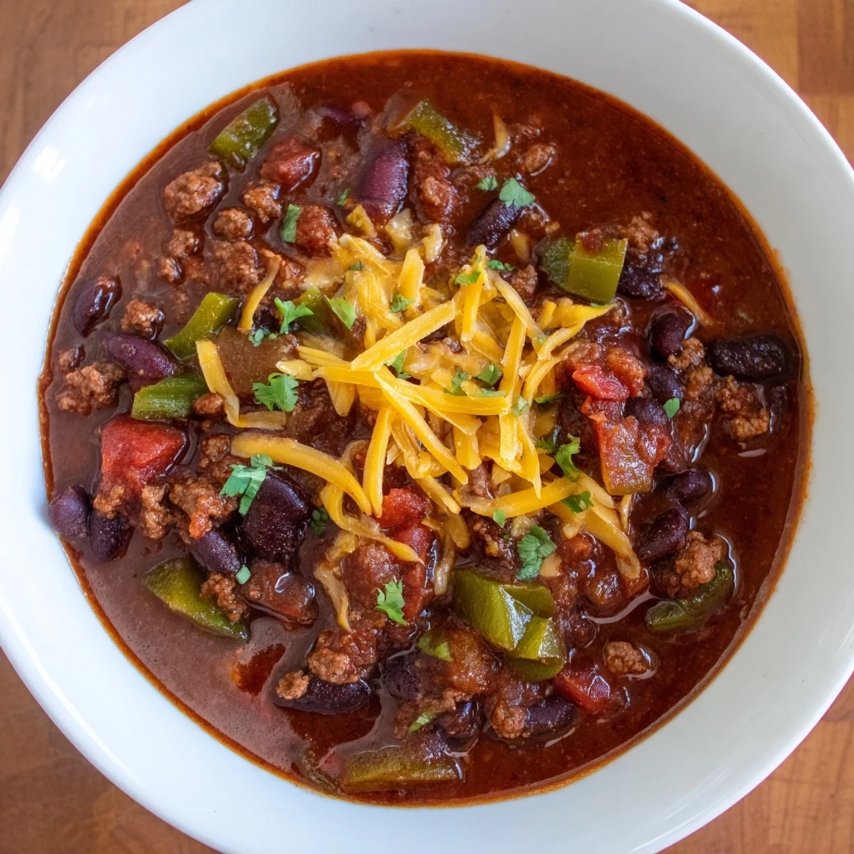 Fragrant, hearty quick chili simmering, showing a rich red color from tomatoes and spices.